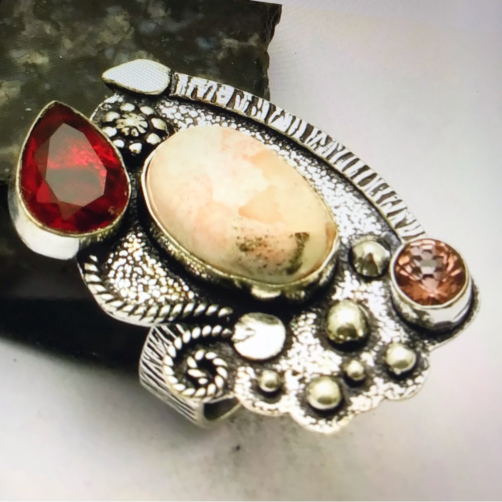 Scolecite Garnet Stamped 925 Sterling Silver Ring